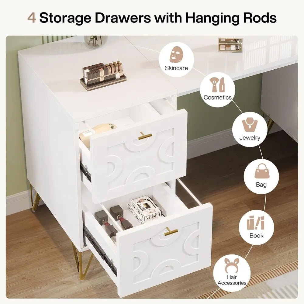 59Inch Makeup Vanity Desk with 4 Drawers, White Dressing Table with Storage, Modern Beauty Table Simple Home Office Computer De