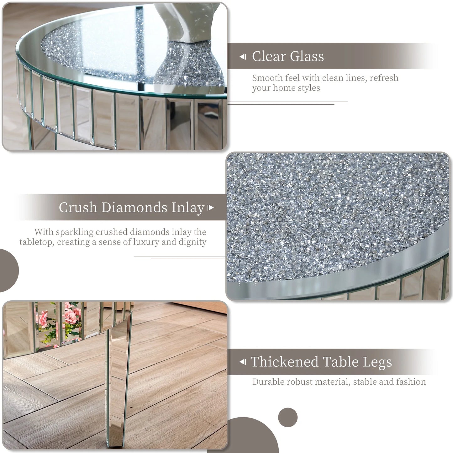 Modern Round Mirrored Coffee Table With Crystal Inlay And Glass