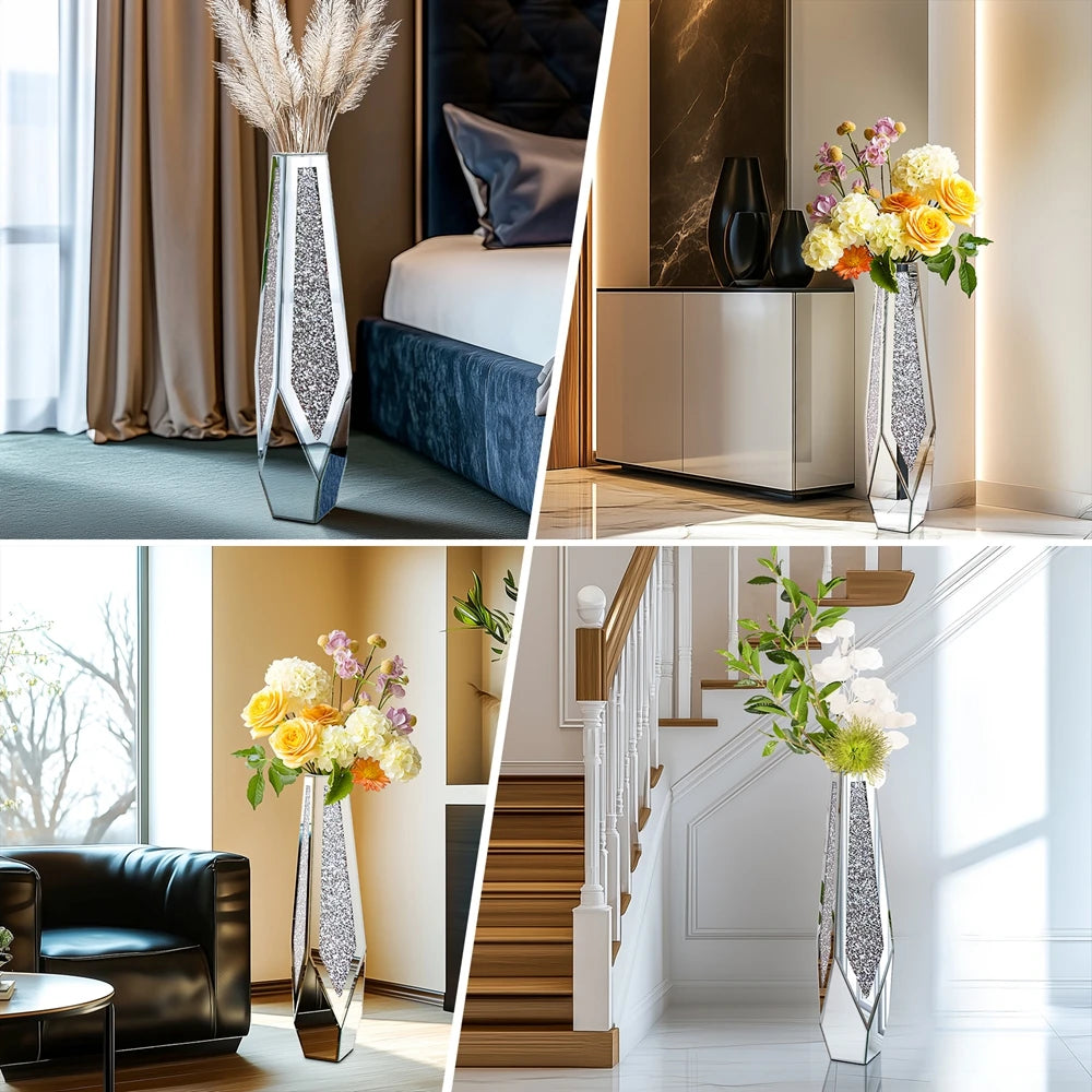 Decorative Crushed Diamond Mirrored Standing Floor Vase