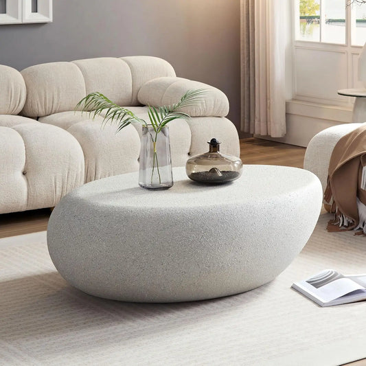 Minimalist Faux Stone Fiberglass Oval Coffee Table for Living Spaces
