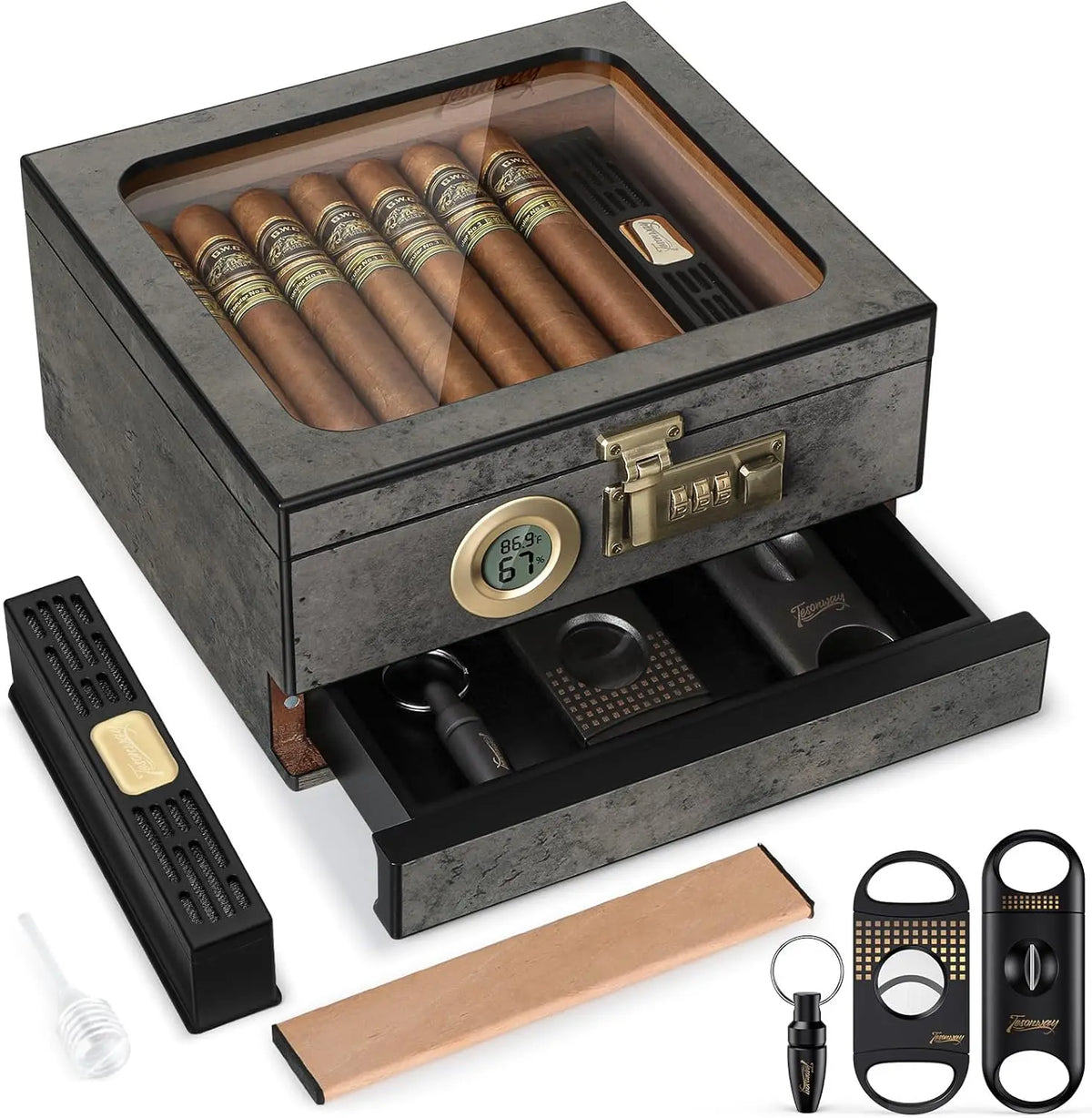 Tesonway Cedar Wood Cigar Humidor Box With Glass Top