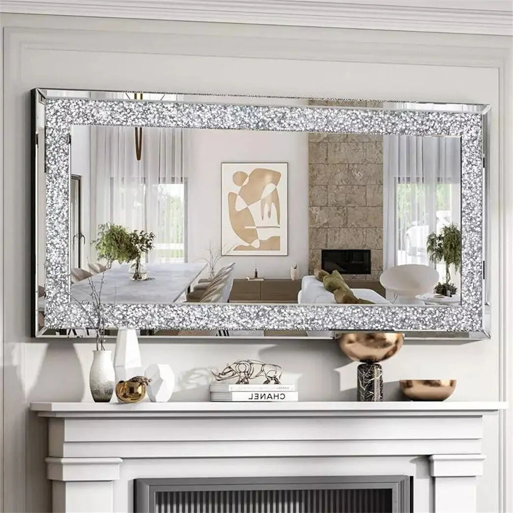 Crystal Crush Diamond Rectangle Silver Wall Mirror For Home Decoration