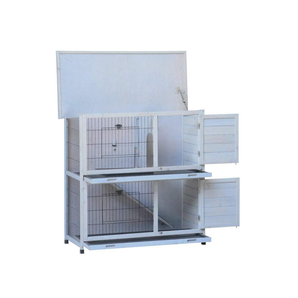 Rabbit Hutch Outdoor 2-Story Rabbit Cage Indoor with Run Bunny Cage with 2 Removable No-Leak Trays Pet Cages with Non-Slip Ramp