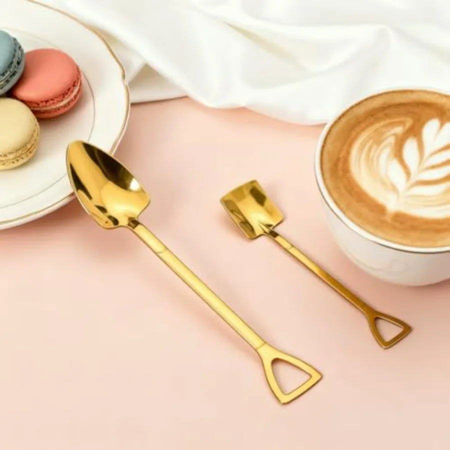 Golden Shovel Spoons for Desserts Coffee Tea Grapefruit Spoons Set of 2 Flat Watermelon Ice Cream Spoons Gold Color Luxury Kitc