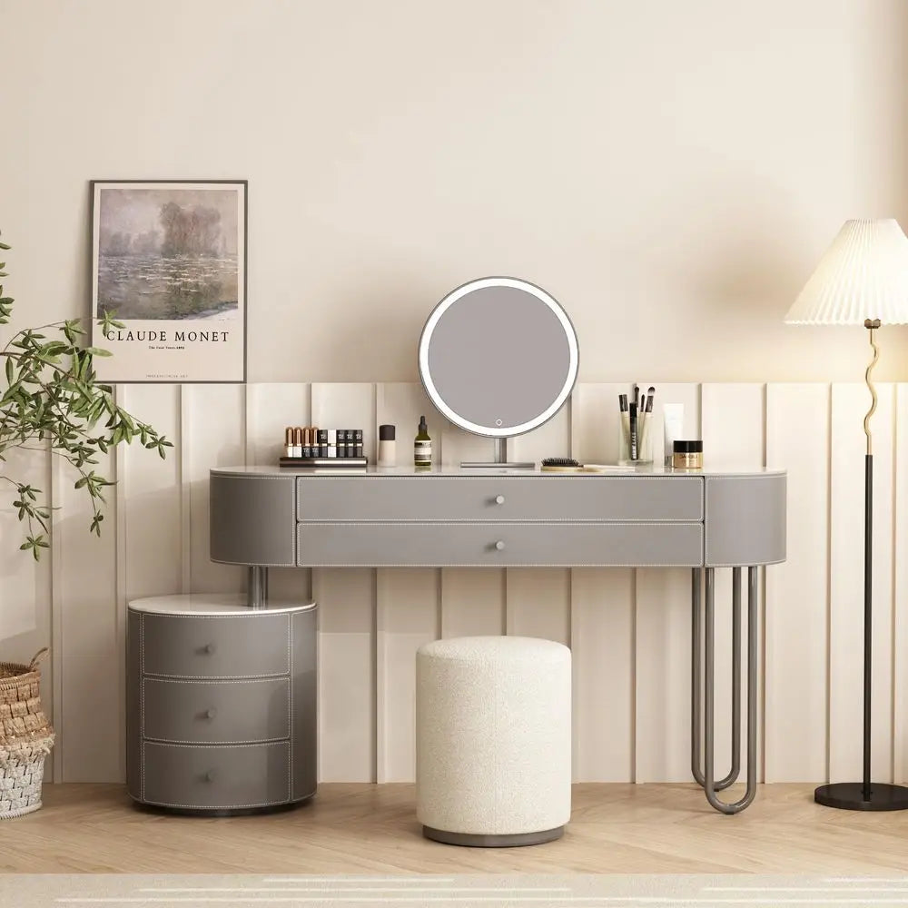 Jahnea VanityElegant Set Saddle LeatherFinished Top Vanity Table amp Stool, Stainless Steel Support, Reversible Installation, a