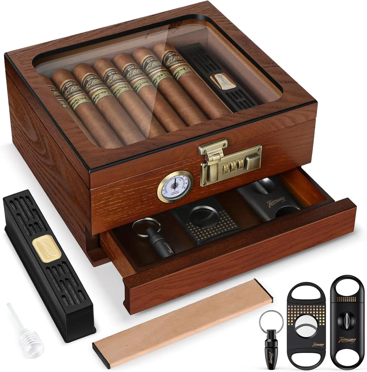 Tesonway Cedar Wood Cigar Humidor Box With Glass Top