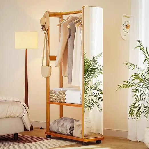 Bamboo Coat Rack, Mirror Coat Tree Stand with Shelves and Hooks, Freestanding Clothes Coat Hanger Stand, Bedroom/Living Room/Ent
