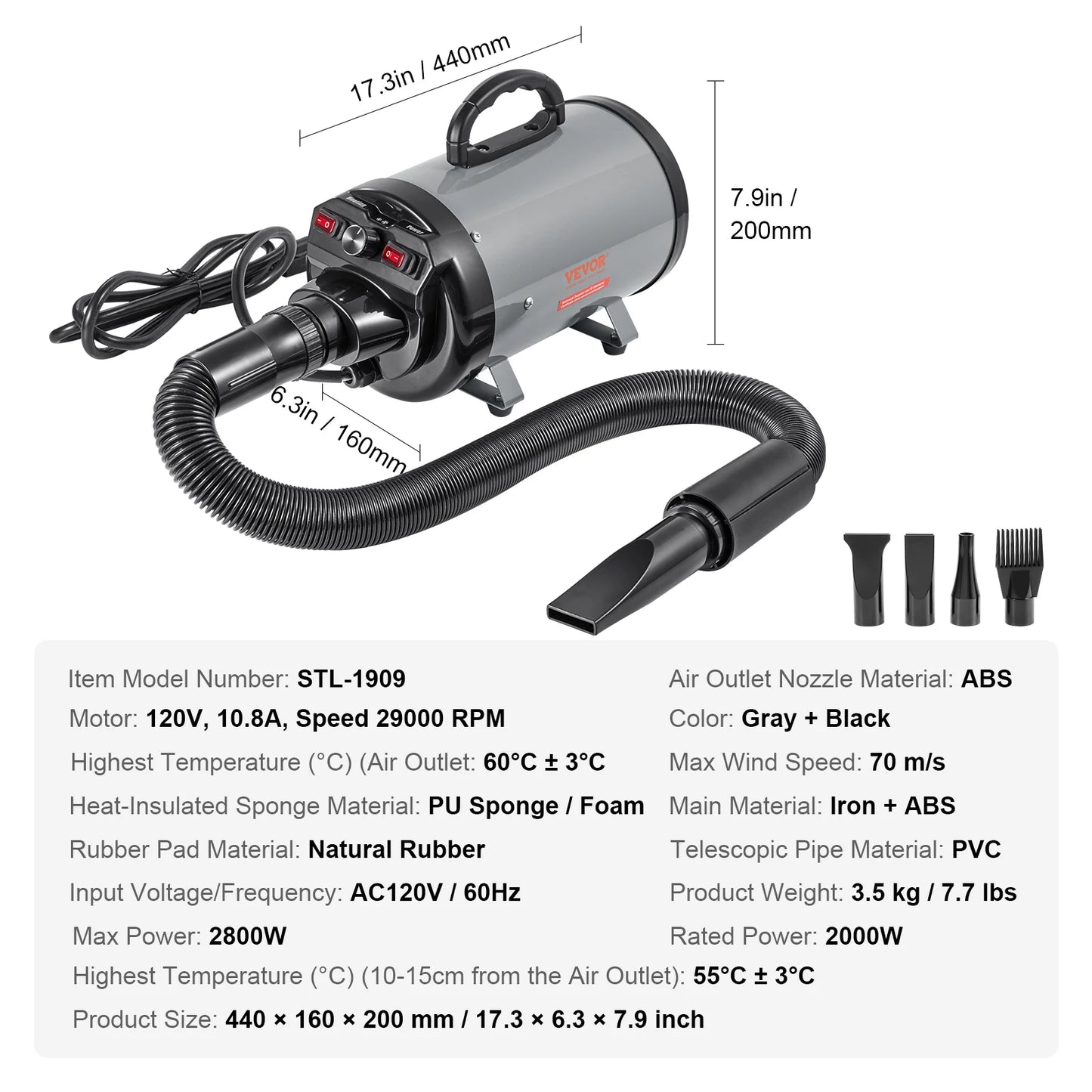 SucceBuy 2800W Pet Dog Hair Dryer With Temperature Control And Nozzles