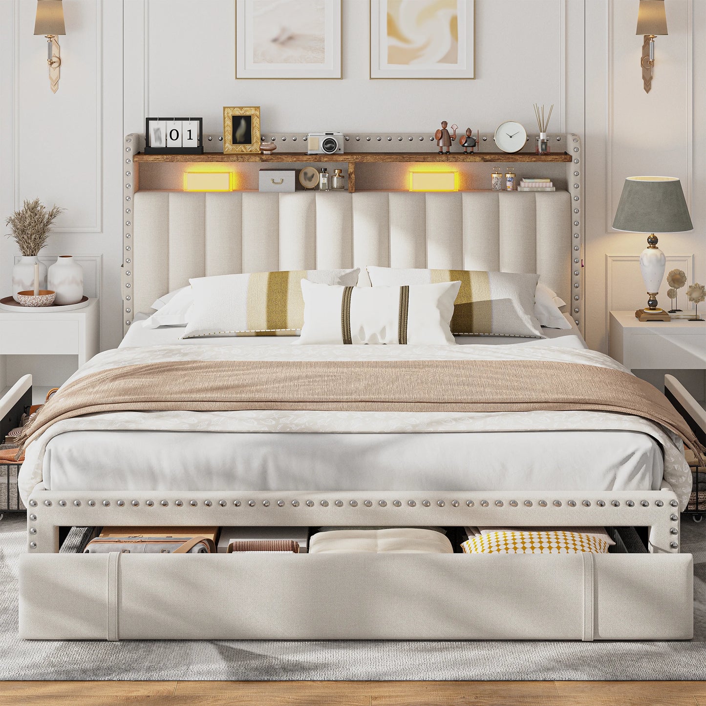 EnHomee Upholstered Platform Bed Frame With Three Storage Drawers