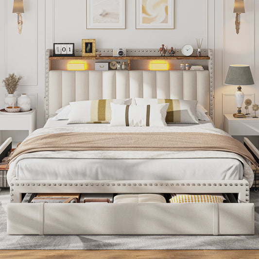 EnHomee Upholstered Platform Bed Frame With Three Storage Drawers