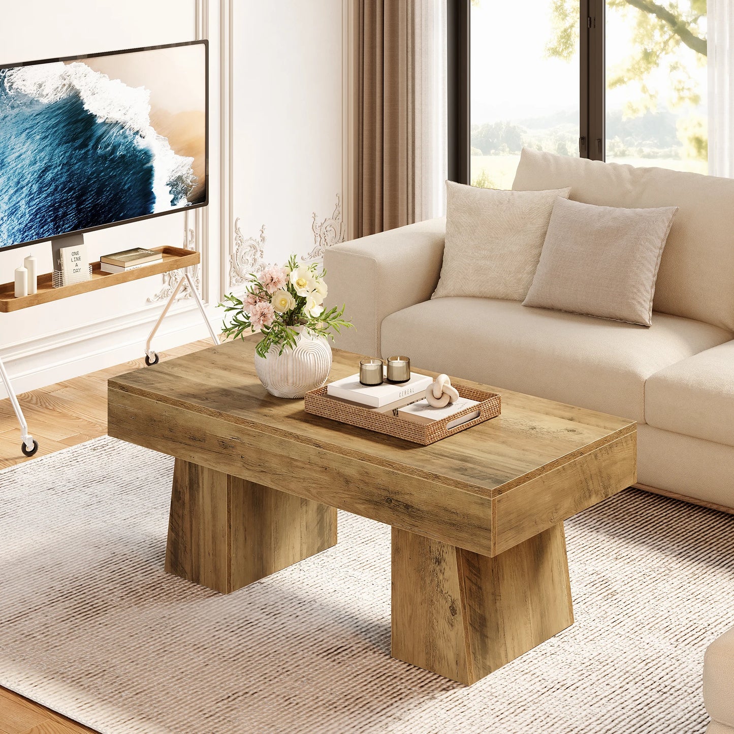 TribesignsFarmhouse Coffee Table, 120cm Wooden Accent Center Tables with Thick Base, Modern Low Cocktail Tea Furniture for