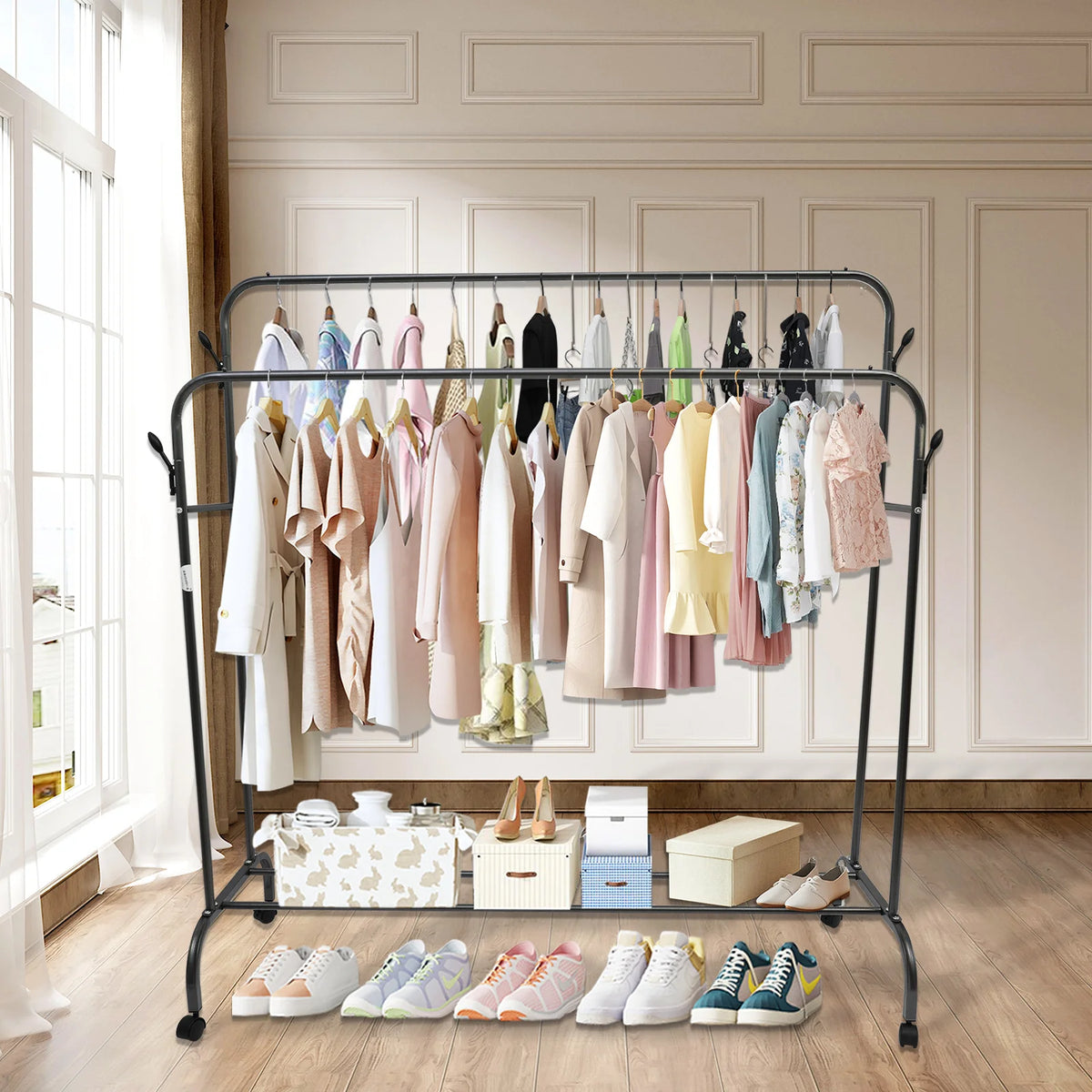 Double Clothes Rail Rack Garment Coat Rack Stand Metal Closet Rod Heavy Duty Floor-Standing with Side Hooks and Swivel Wheels