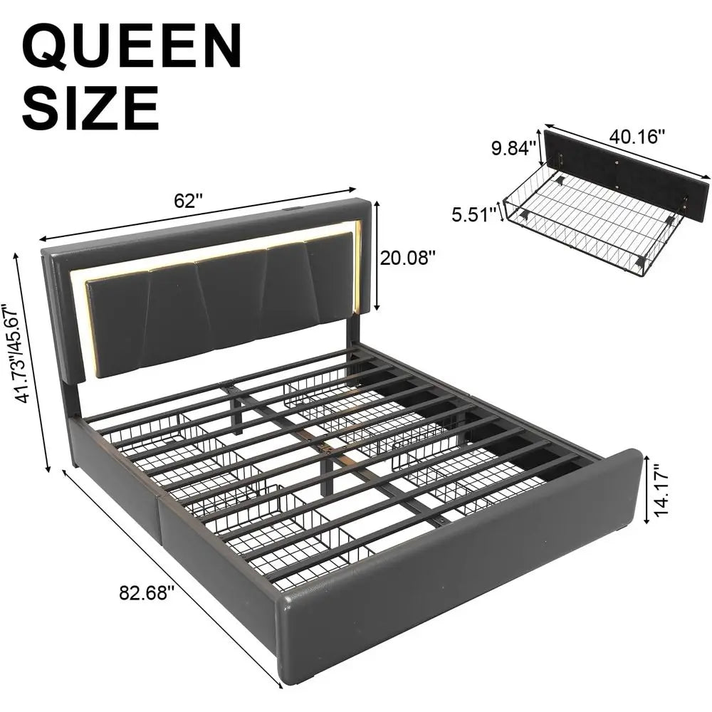 RBXC Upholstered Bed With Storage Drawers LED Lights Charging Station