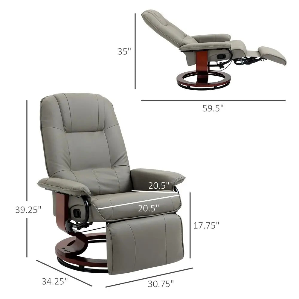 Swivel Recliner Chair, PU Leather Reclining Armchair with Retractable Footrest, Lounge Chair with Wood Base and Adjustable High