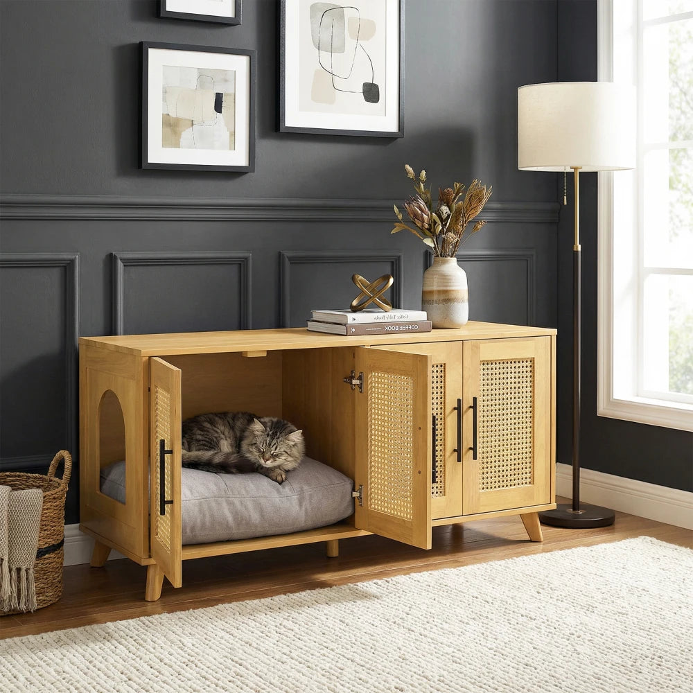 Myra Indoor Premium Rubber Wood Cat Cabinet with Plush Cushion – Stylish Hidden Pet Furniture for Modern Living Spaces Products