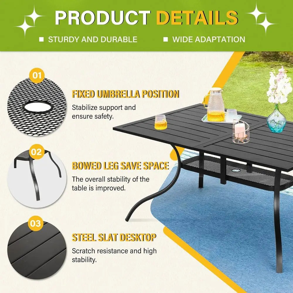 60"x36" Patio Dining Table, Outdoor Metal Recular Table Patio urniture Classic Black Table with 1.57" Umbrella Hole, or Garden B