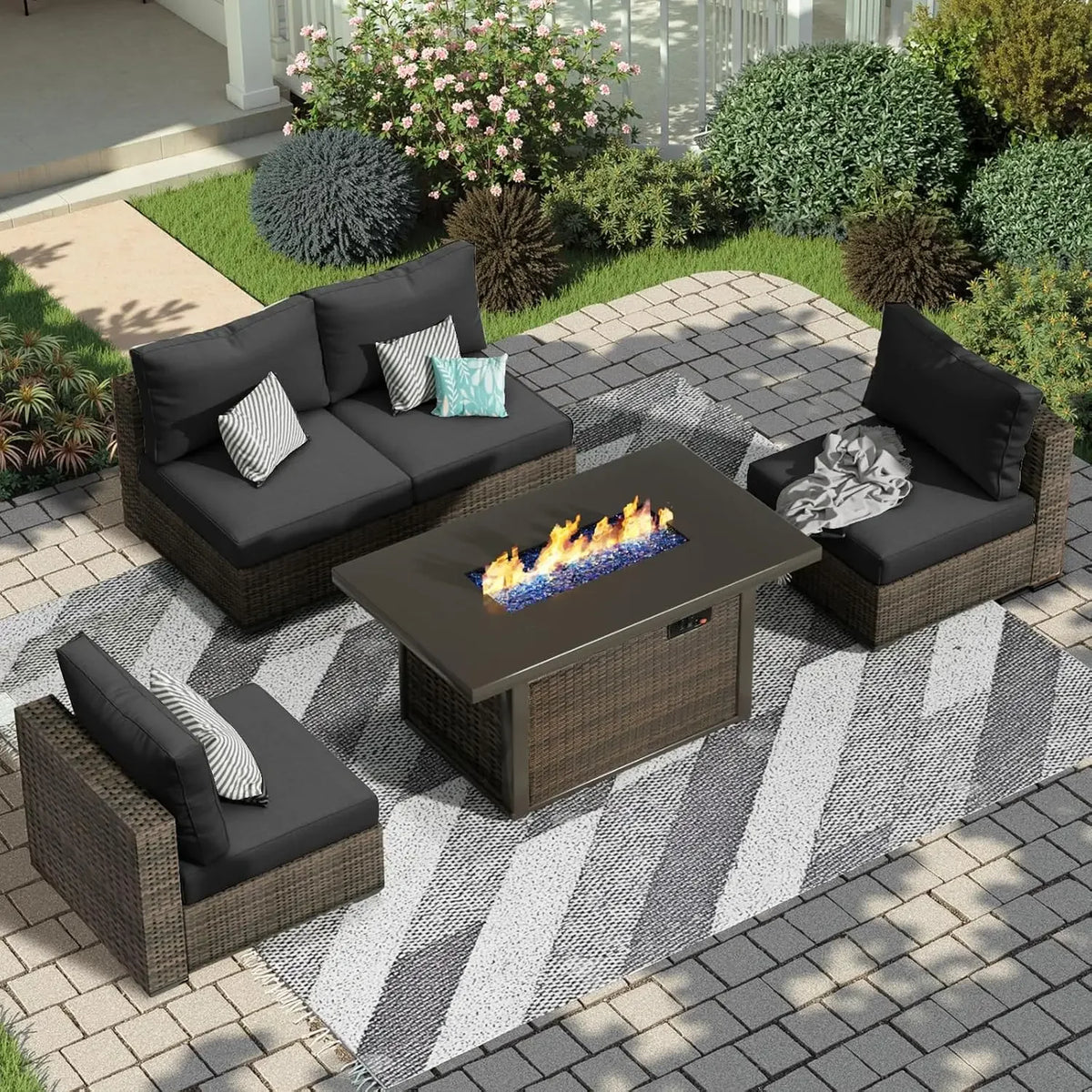 Outdoor Rattan Sectional Sofa Set With Fire Pit Table