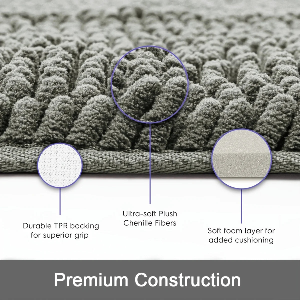 Ultra-Soft Chenille Plush Bath Mat, Super Absorbent, Machine Washable