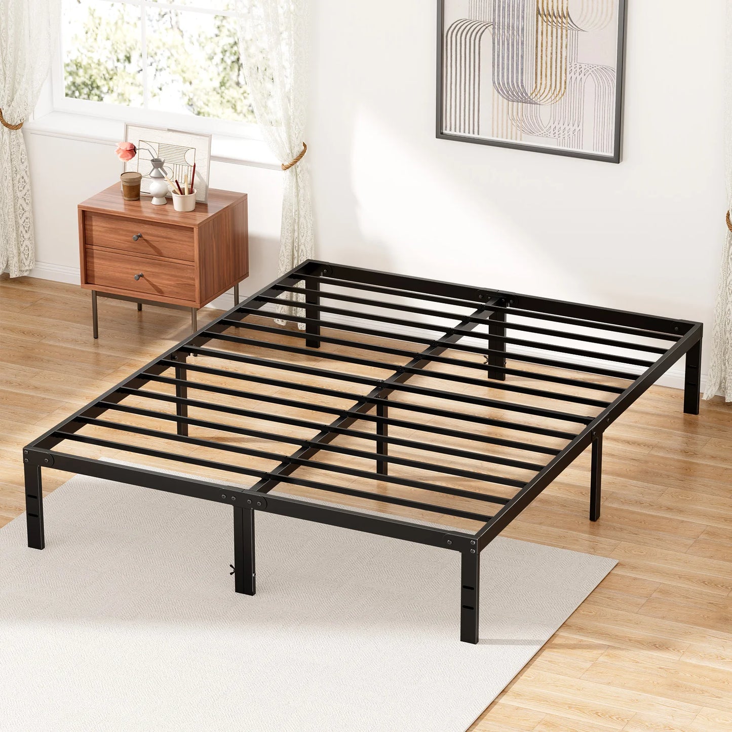 JHK Bed Frame Metal Platform With Sturdy Steel Slats Storage