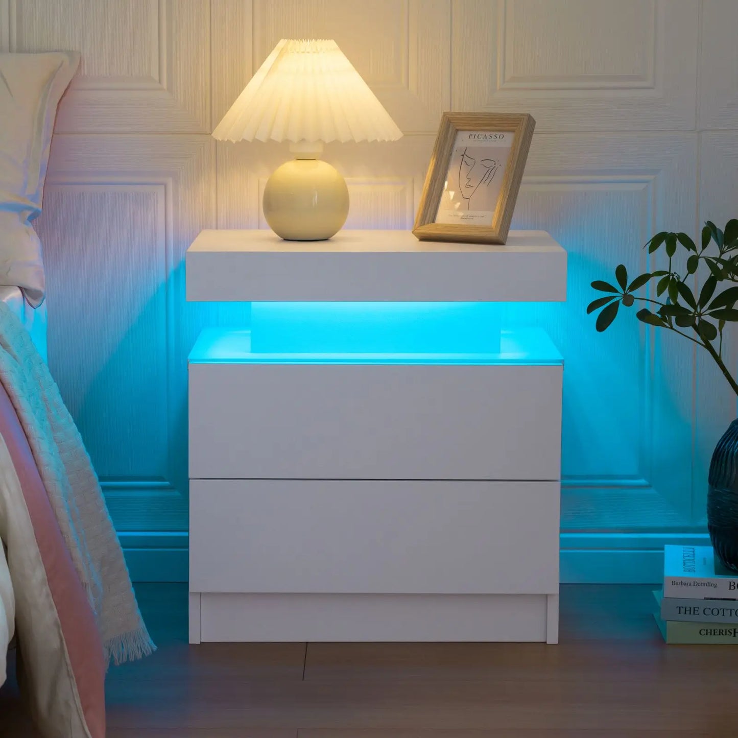 Cubehom White LED Nightstand With 2 Drawers And RGB Lights