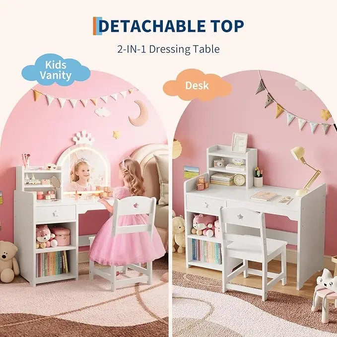 HiMISS Kids Vanity Set With Lights Princess Desk And Chair