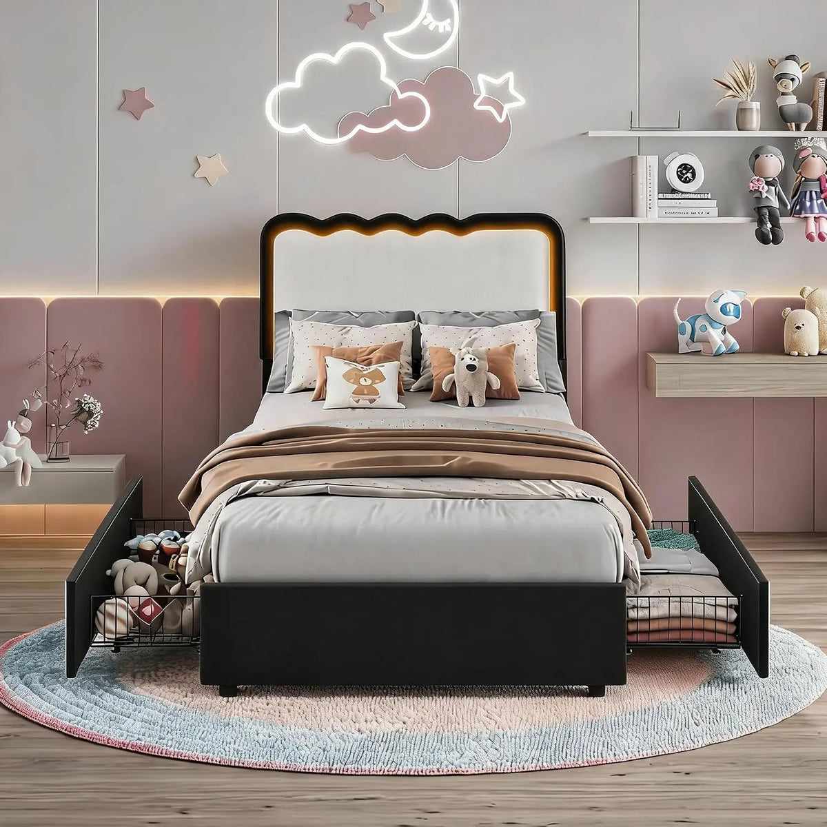 HiMiss Upholstered LED Bed Frame With Storage Drawers
