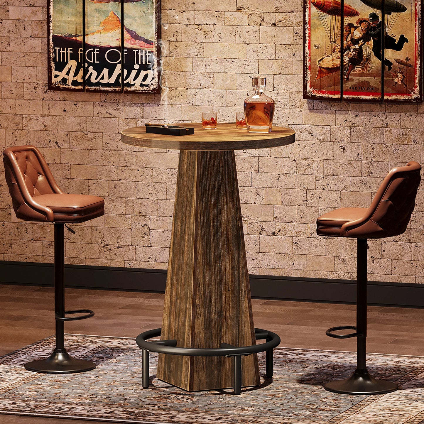 Tribesigns Round Bar Table, 37.4" High Pub Table with Metal Footrest, Drink Bar Station for Small Bars, Dining Room, Kitchen, Brown (Only Table)