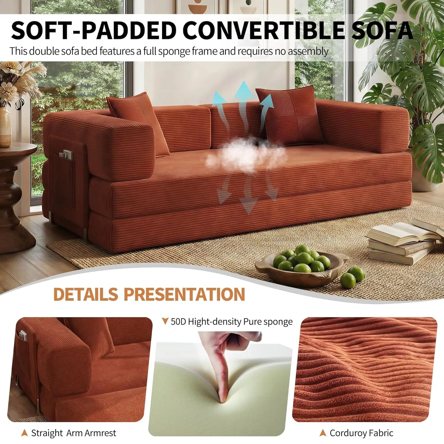 78.8" Convertible Sofa Bed with Armrest Pillow, 4-in-1 Sleeper Couch Bed for Livingroom, Modular Corduroy Boneless, Customized