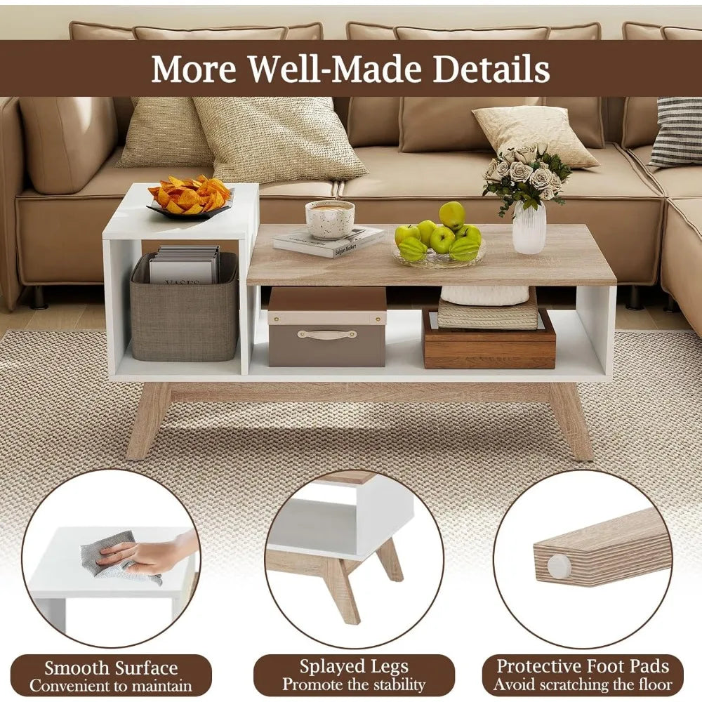 2-Tier Coffee Table with Storage, Mid Century Modern Center Table, Geometric Living Room Table for Small Space Apartment