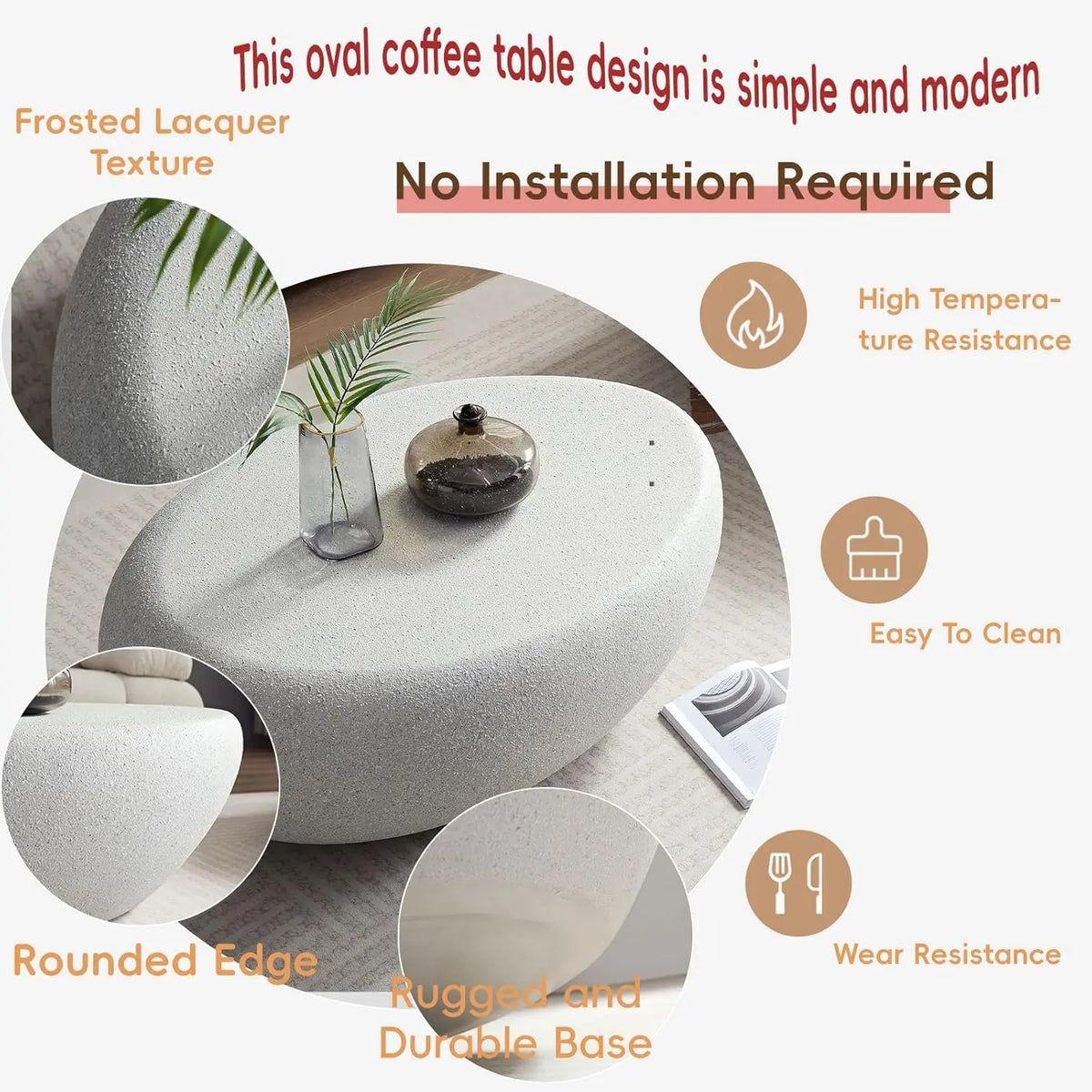 Minimalist Faux Stone Fiberglass Oval Coffee Table for Living Spaces