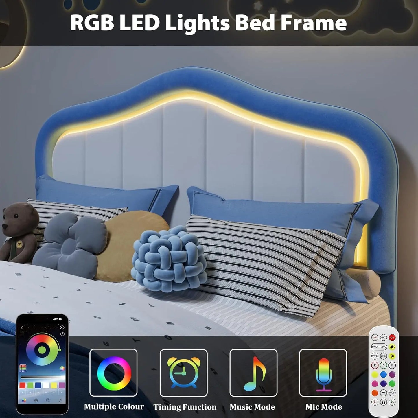 Studyset Kids LED Crown Upholstered Bed Frame With Velvet Headboard