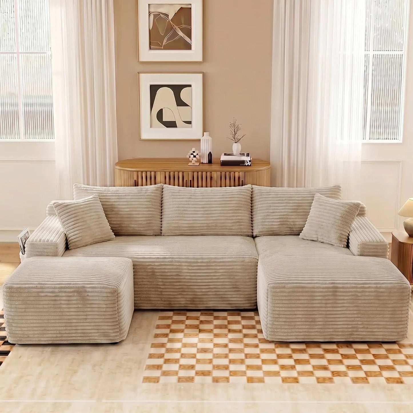 Modular Corduroy Sectional Sofa With Ottoman And Sleeper Design