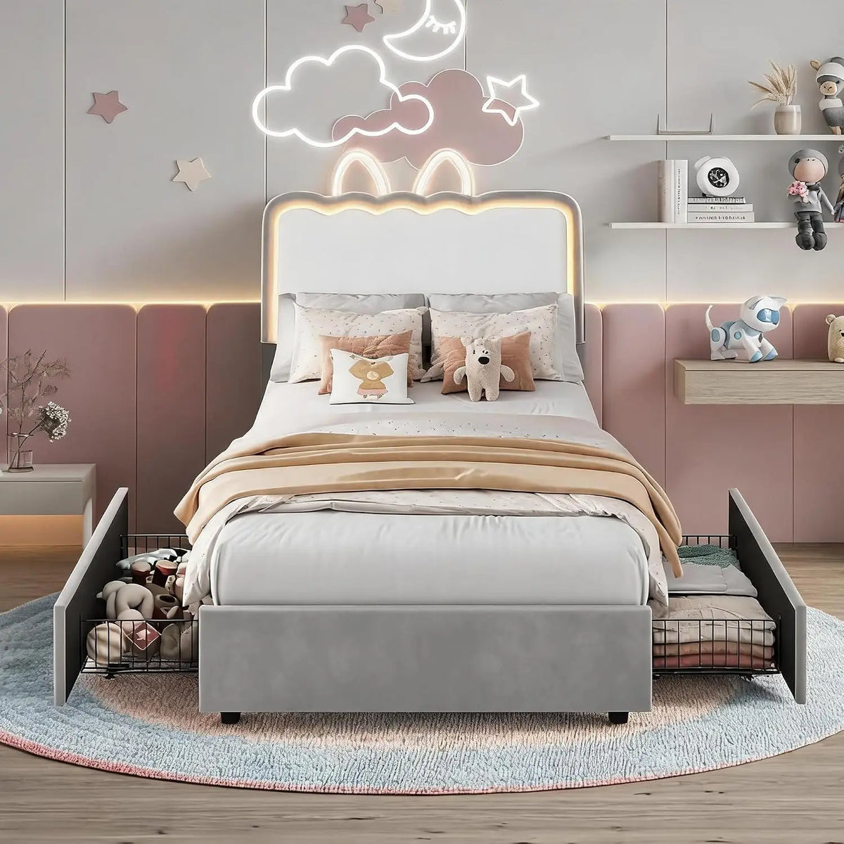 HiMiss Upholstered LED Bed Frame With Storage Drawers