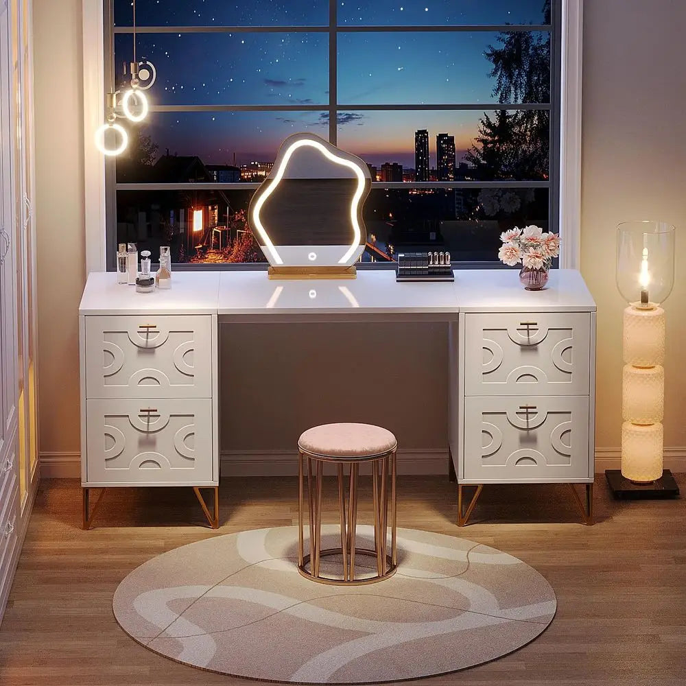 59Inch Makeup Vanity Desk with 4 Drawers, White Dressing Table with Storage, Modern Beauty Table Simple Home Office Computer De
