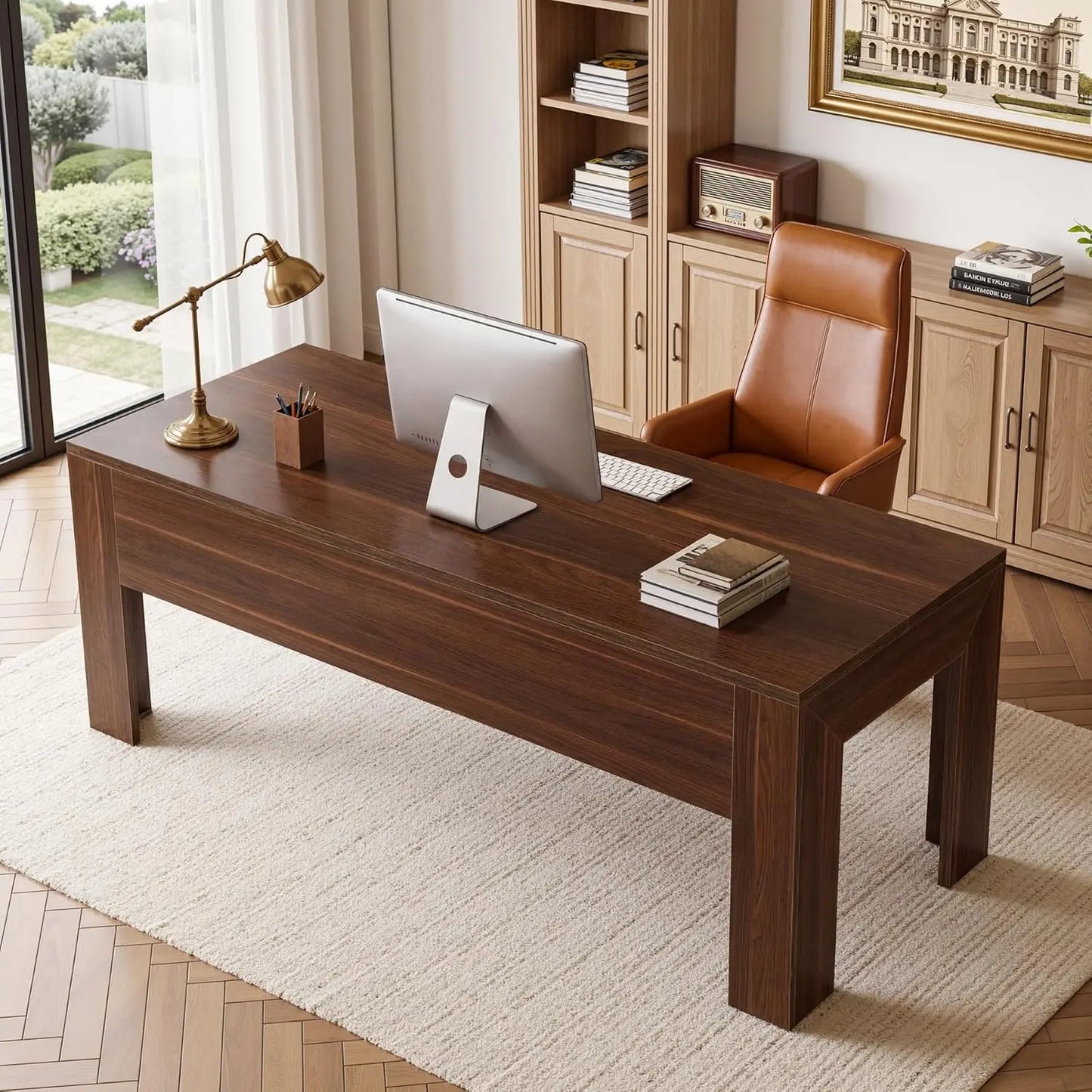 63" Modern Home Office Desk, Long Wooden Computer Desk, Walnut | Large Executive Office Desk for Home Office 31.5", Customized