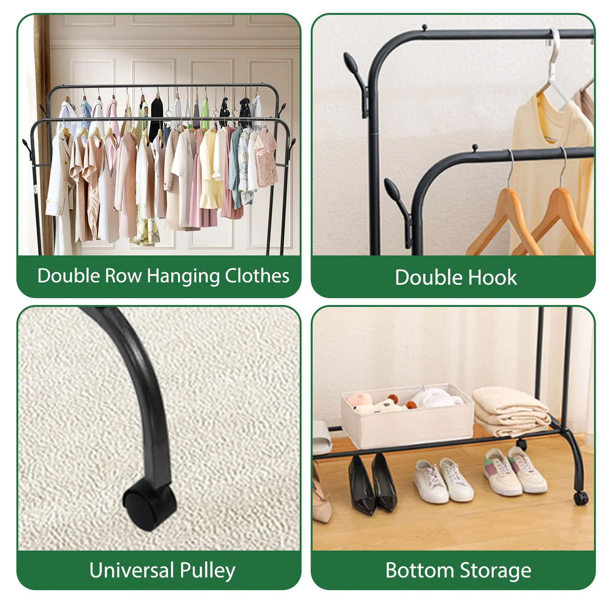 Double Clothes Rail Rack Garment Coat Rack Stand Metal Closet Rod Heavy Duty Floor-Standing with Side Hooks and Swivel Wheels