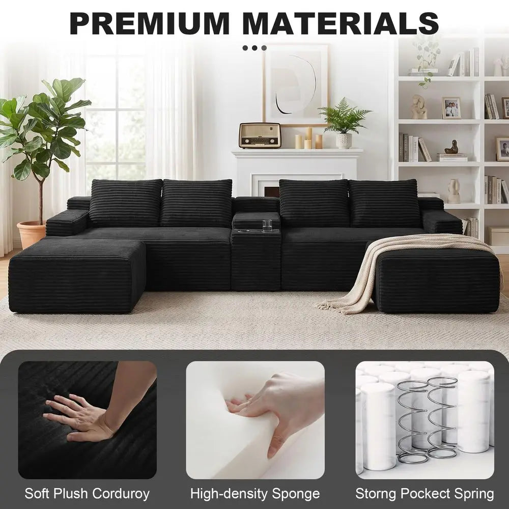 140.6 Boneless Sectional Sofa Couches for Living Room, Oversized U Shaped Cloud Modular Set w Center Console, Cup Holders, Side