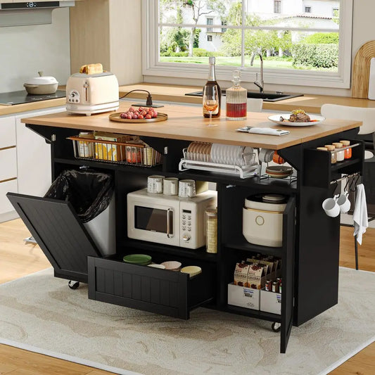 65 Kitchen Island with Power Outlet amp Drop Leaf, Island Table for Kitchen with Trash Can Storage, Mobile Rolling Kitchen Isla