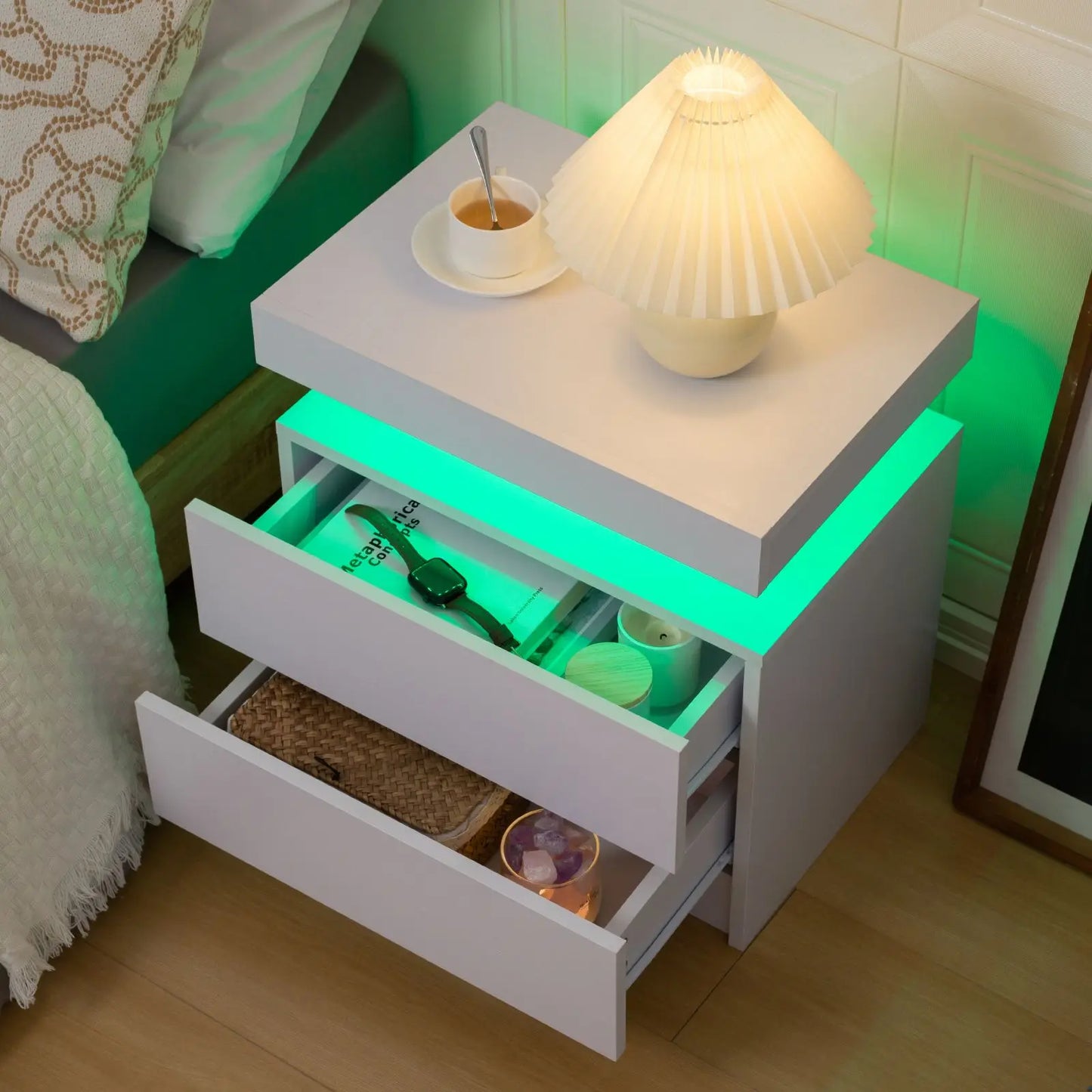Cubehom White LED Nightstand With 2 Drawers And RGB Lights