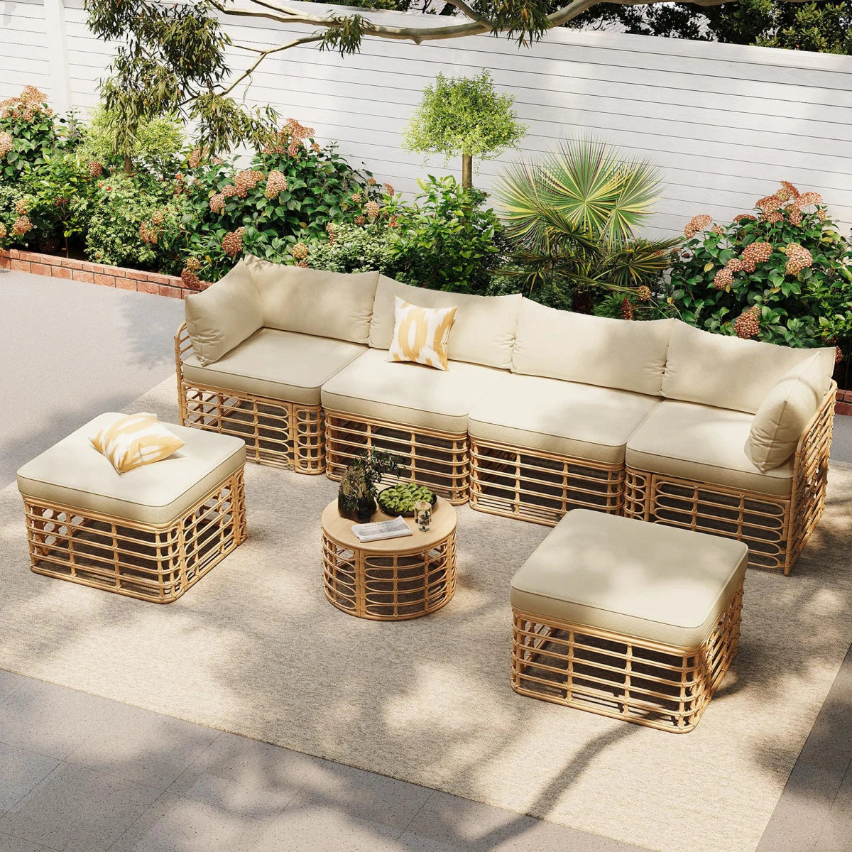 7 Pieces Outdoor Patio Furniture, All-Weather Rattan Sectional Sofa Set with Thick Cushions and Pillows, Freely Combined Conversation Sets for Garden, Backyard, Balcony, Brown
