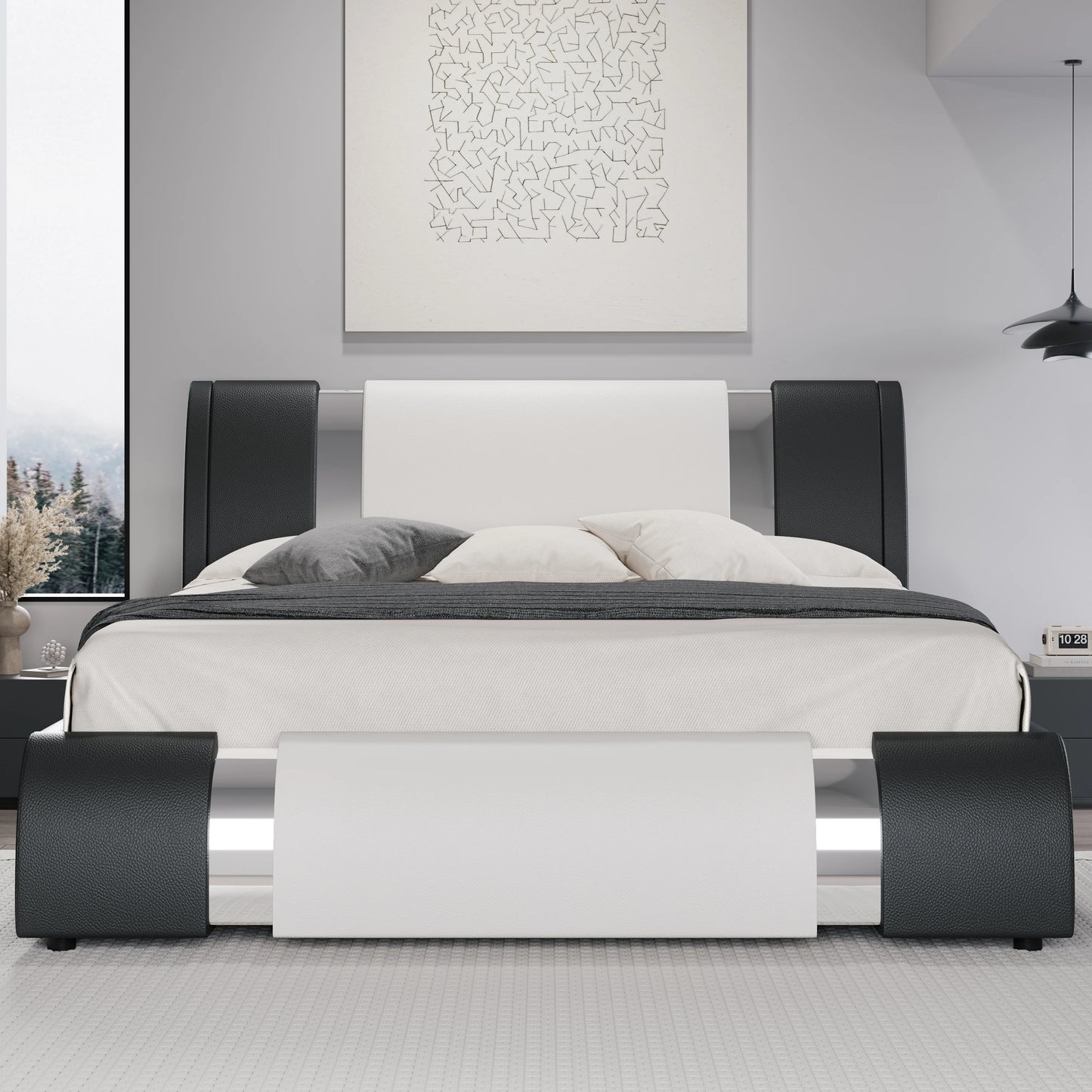 HOOMIC Modern Faux Leather Bed Frame Iron Decor Adjustable Headboard