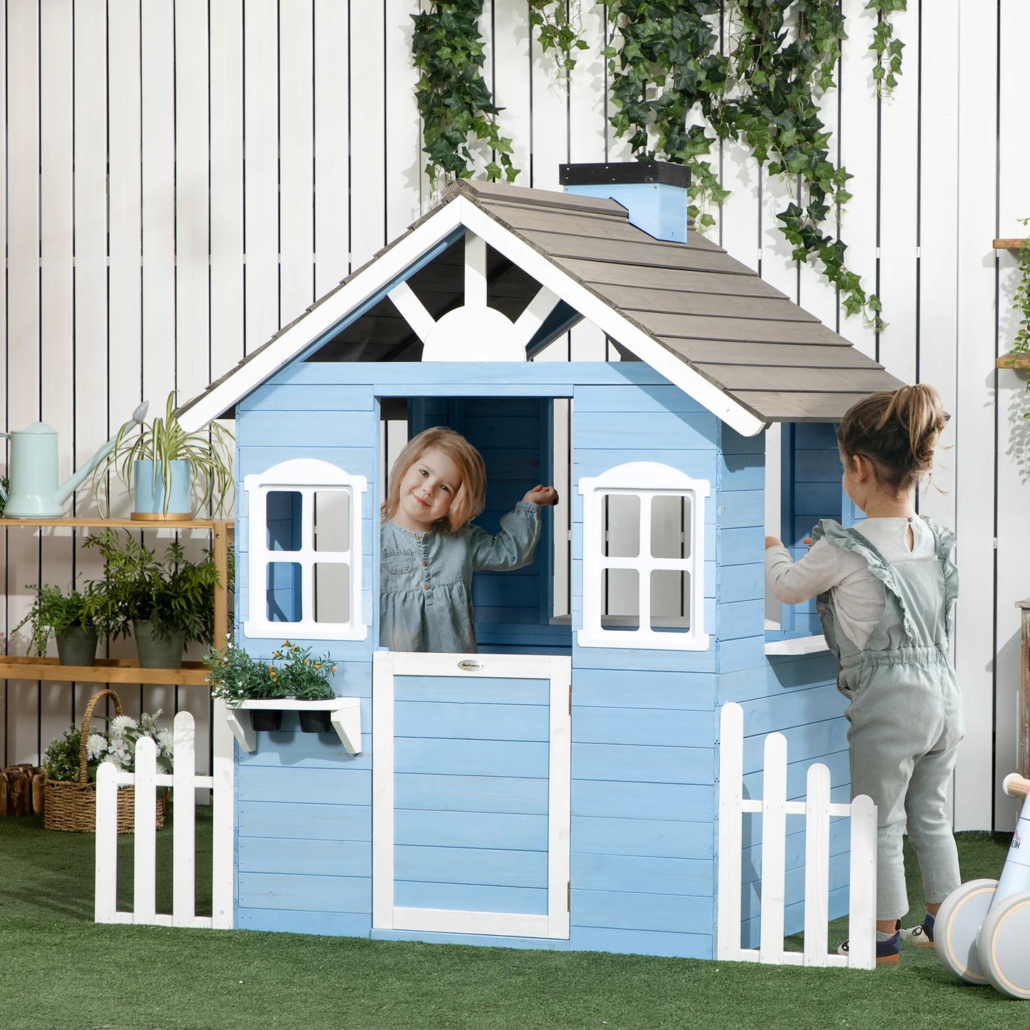 Outsunny Country Style Wooden Kids Playhouse With Flower Pot Holders