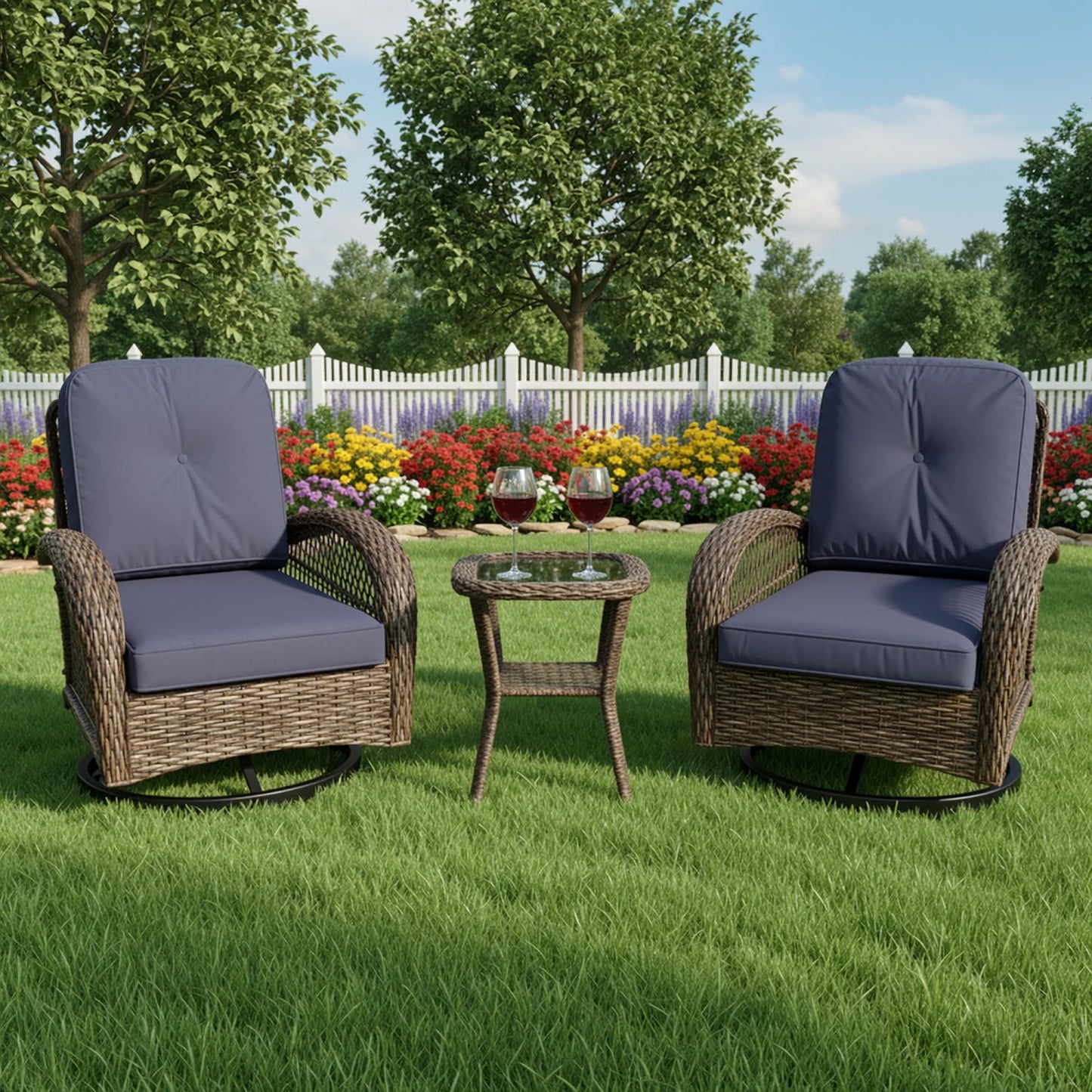 Outdoor 3 Piece Patio Set With Rotating Rocking Cushioned Chairs