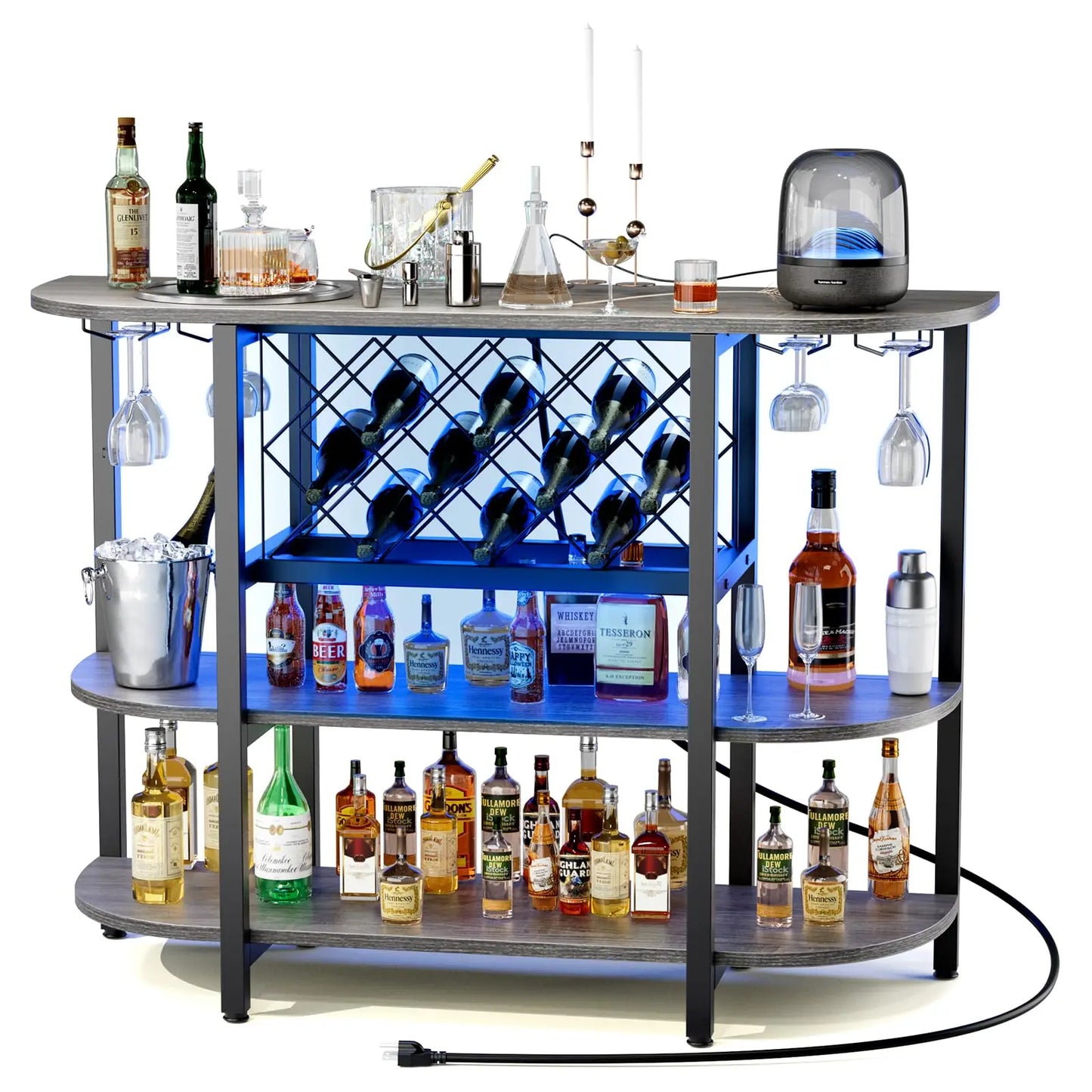 LED Home Bar Cabinet With Charging Station And Glassware Holder