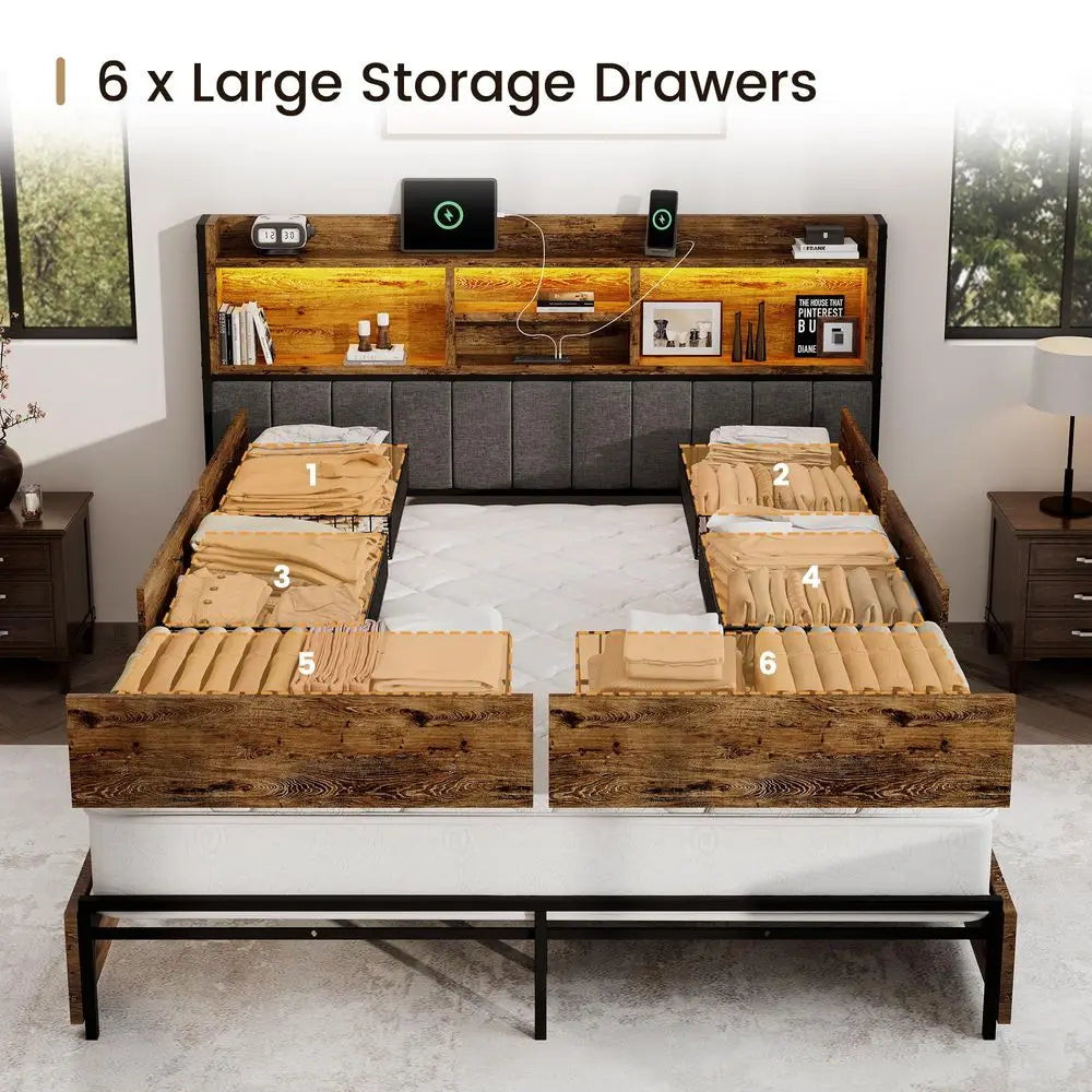 King Bed Frame with 6 Storage Drawers, Linen Upholstered Headboard, Builtin USB Charging Station amp LED Lighting, Silent Metal