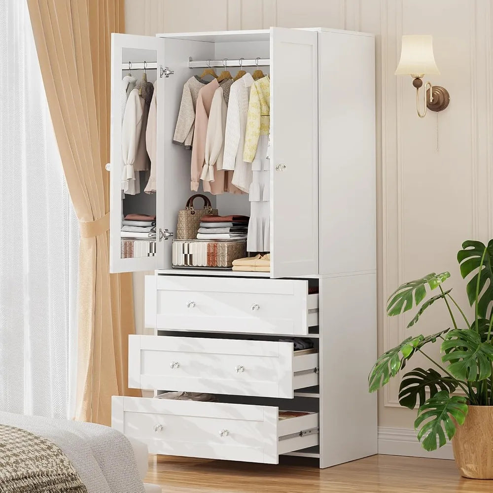 71" Wardrobe Closet with Mirror & Drawers, Large Storage Cabinet with Hanging Rod, 2 Doors, Wooden, for Bedroom