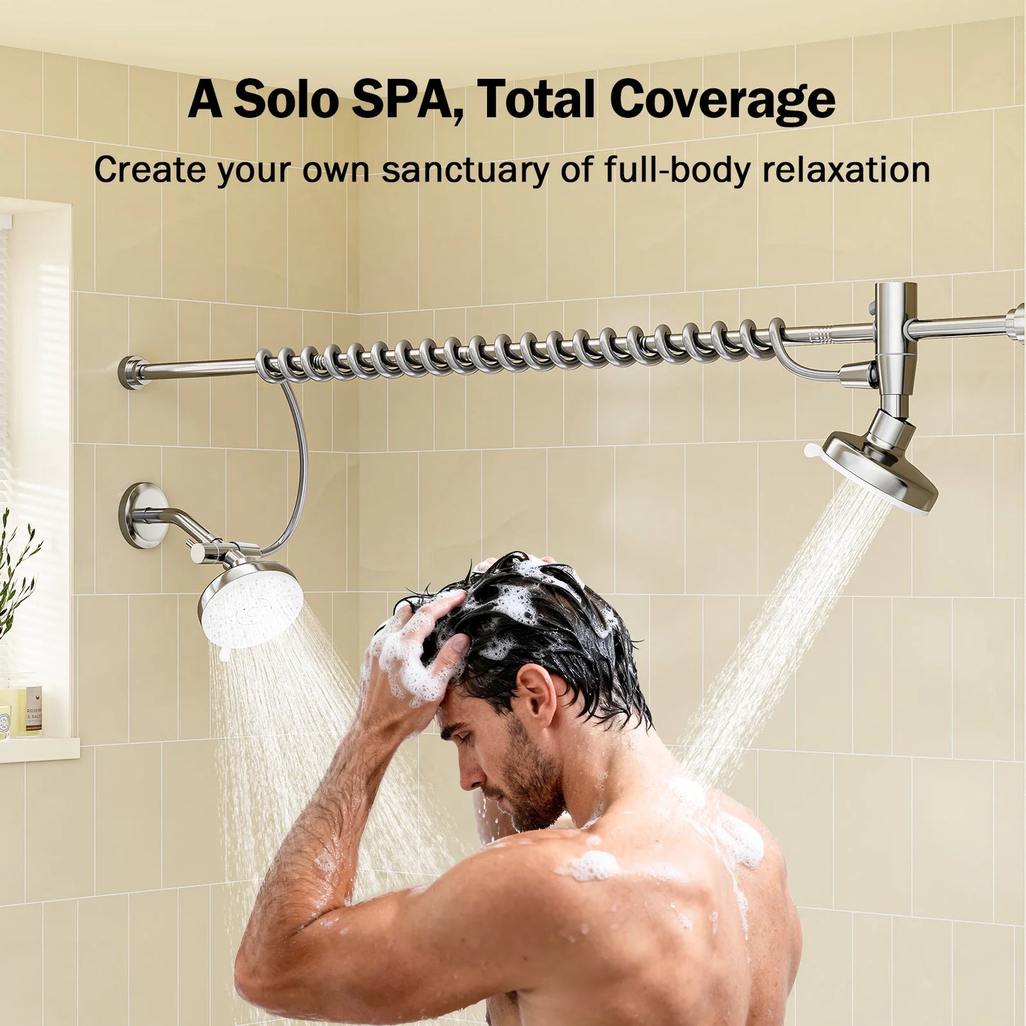 Tandem Dual Shower Head Adjustable Slider High Pressure Stainless Steel Wall Mounted