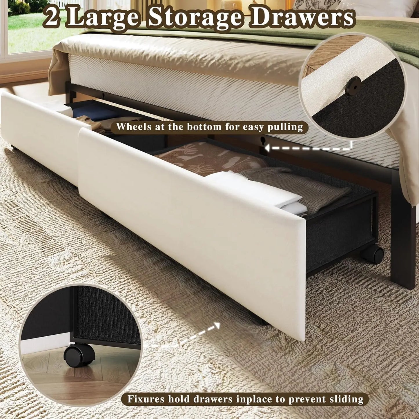 Queen Velvet Upholstered Storage Bed Frame with LED Light, USB Charging Station, Metal Slats Platform, White, Customized