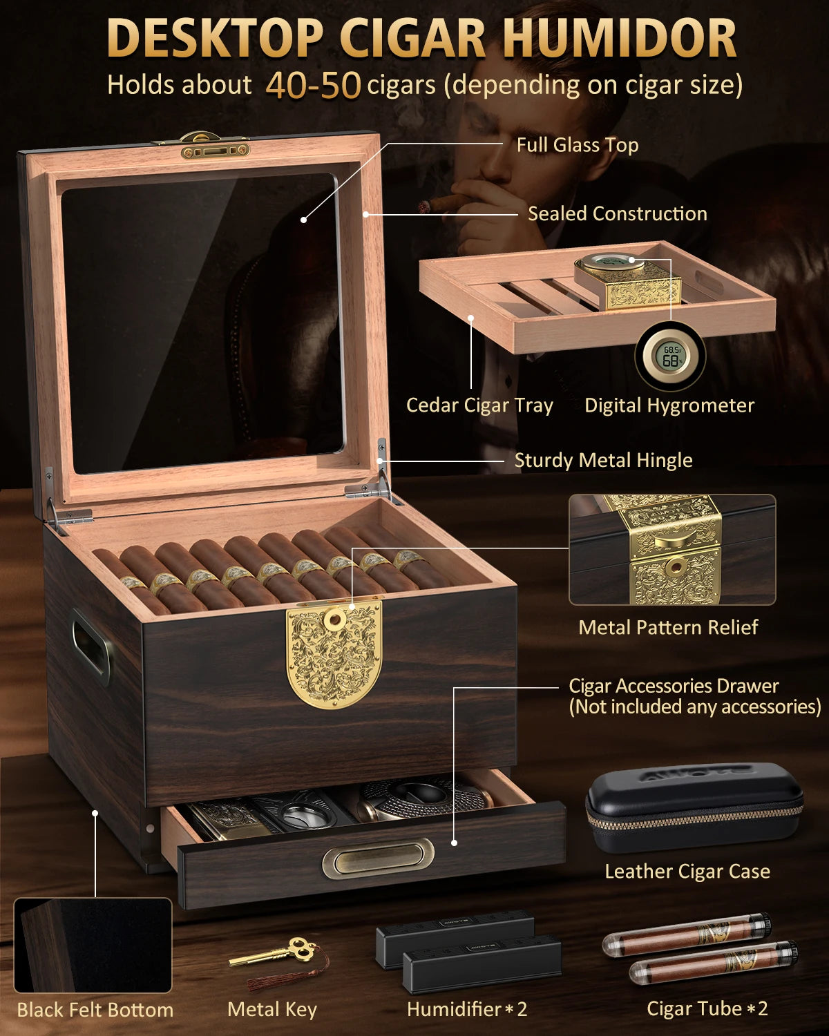 Premium Cedar Wood Cigar Humidor Gift Set With Hygrometer