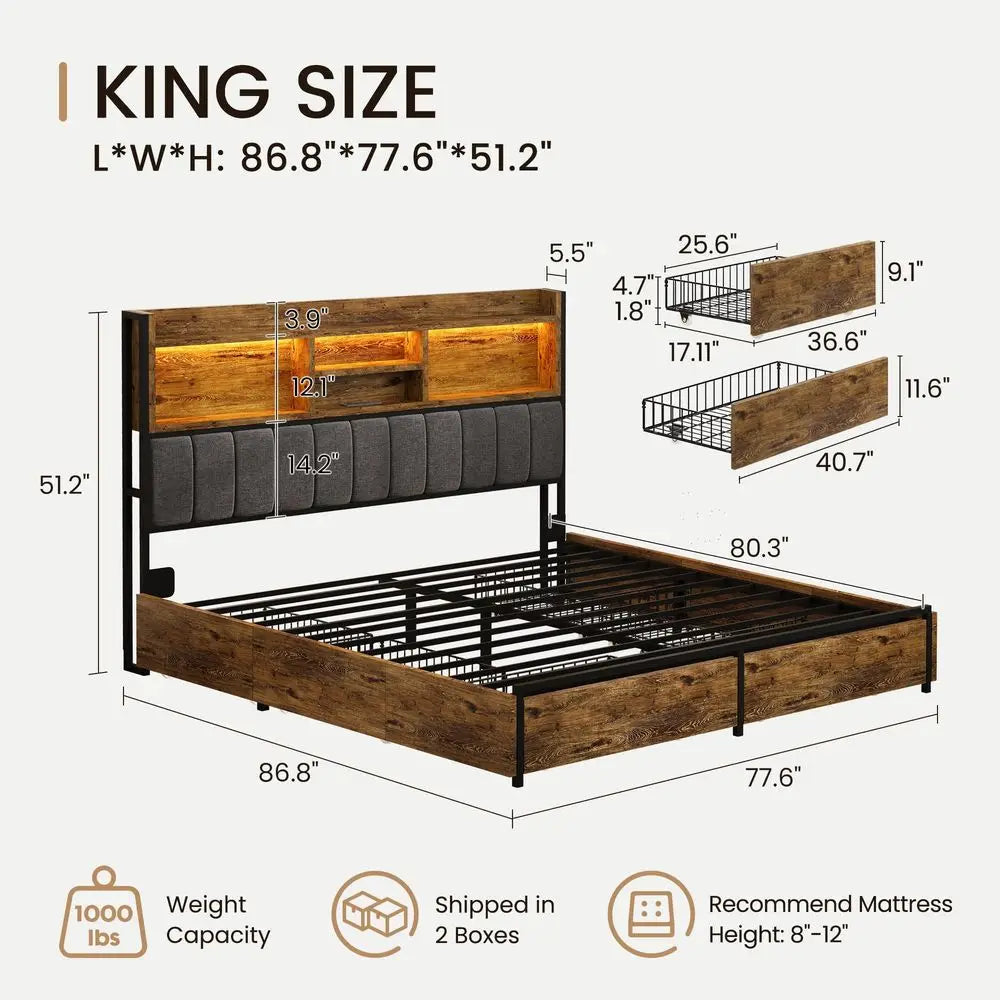 King Bed Frame with 6 Storage Drawers, Linen Upholstered Headboard, Builtin USB Charging Station amp LED Lighting, Silent Metal